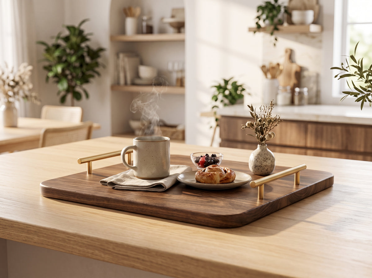 Wooden Serving Tray Organizer 36x36cm with Metal Handles - Multi Use