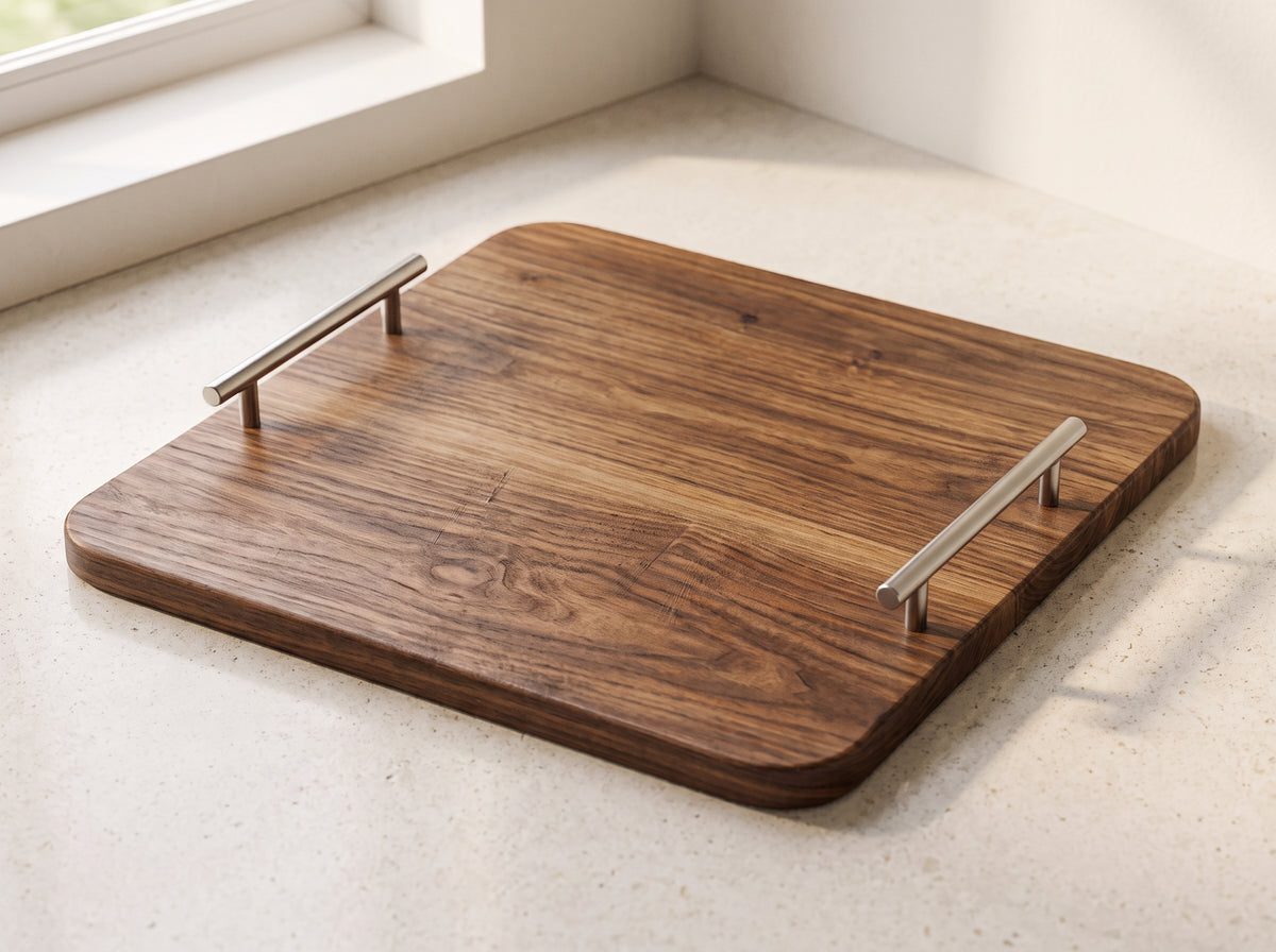 Wooden Serving Tray Organizer 36x36cm with Metal Handles - Multi Use