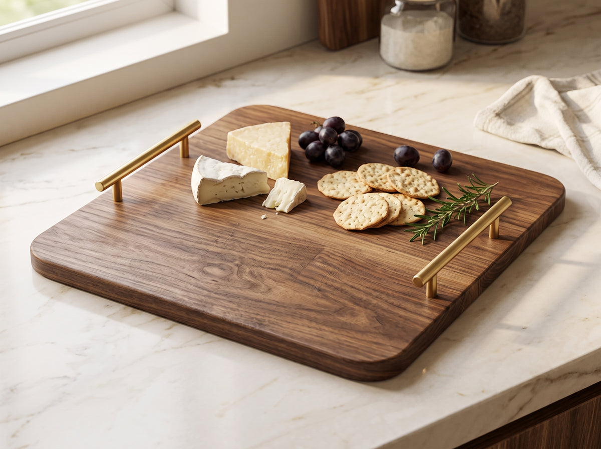 Wooden Serving Tray Organizer 36x36cm with Metal Handles - Multi Use