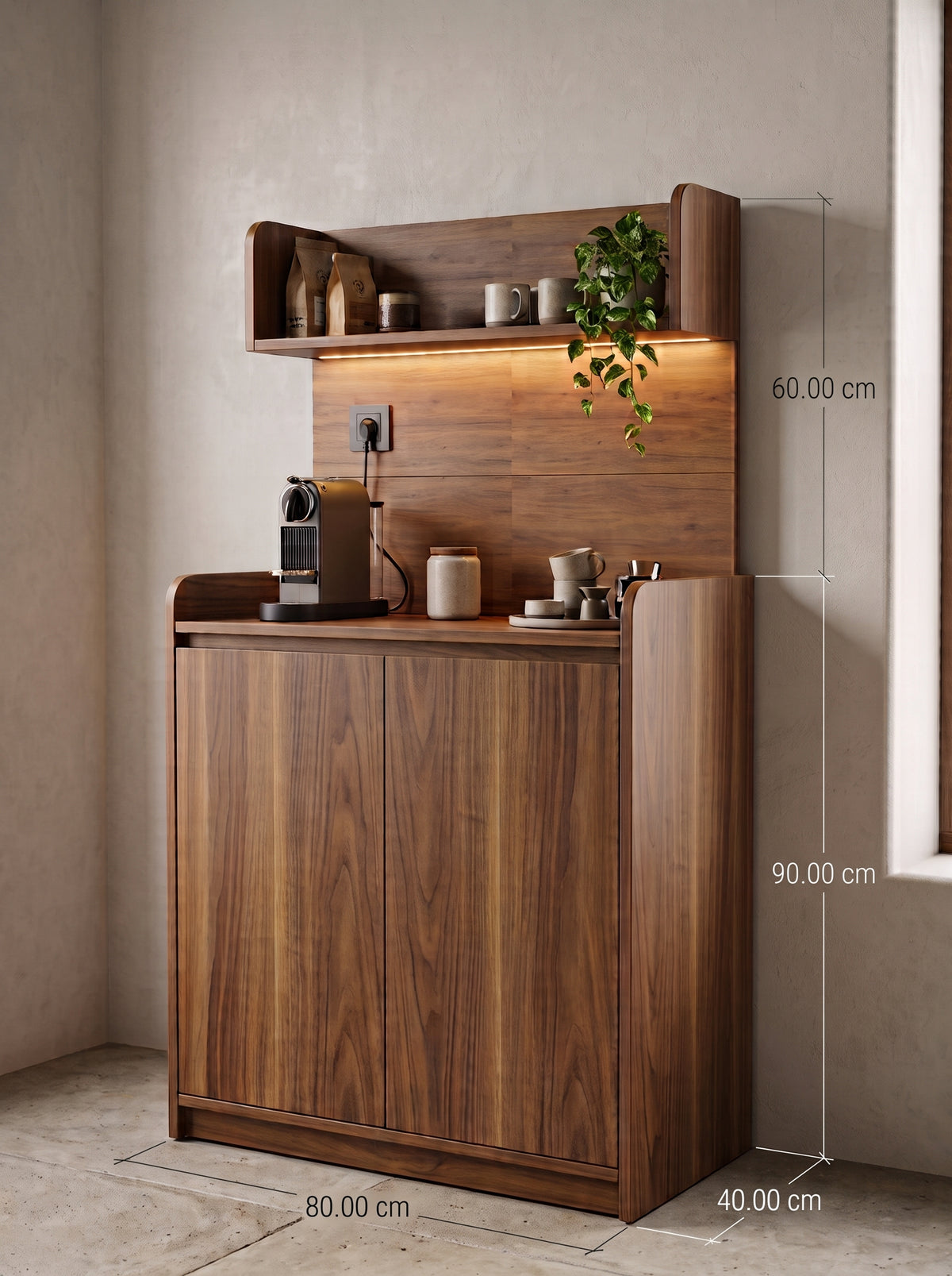 Modern Walnut Coffee Corner Station with Integrated LED Lighting & Power Outlet - CC1