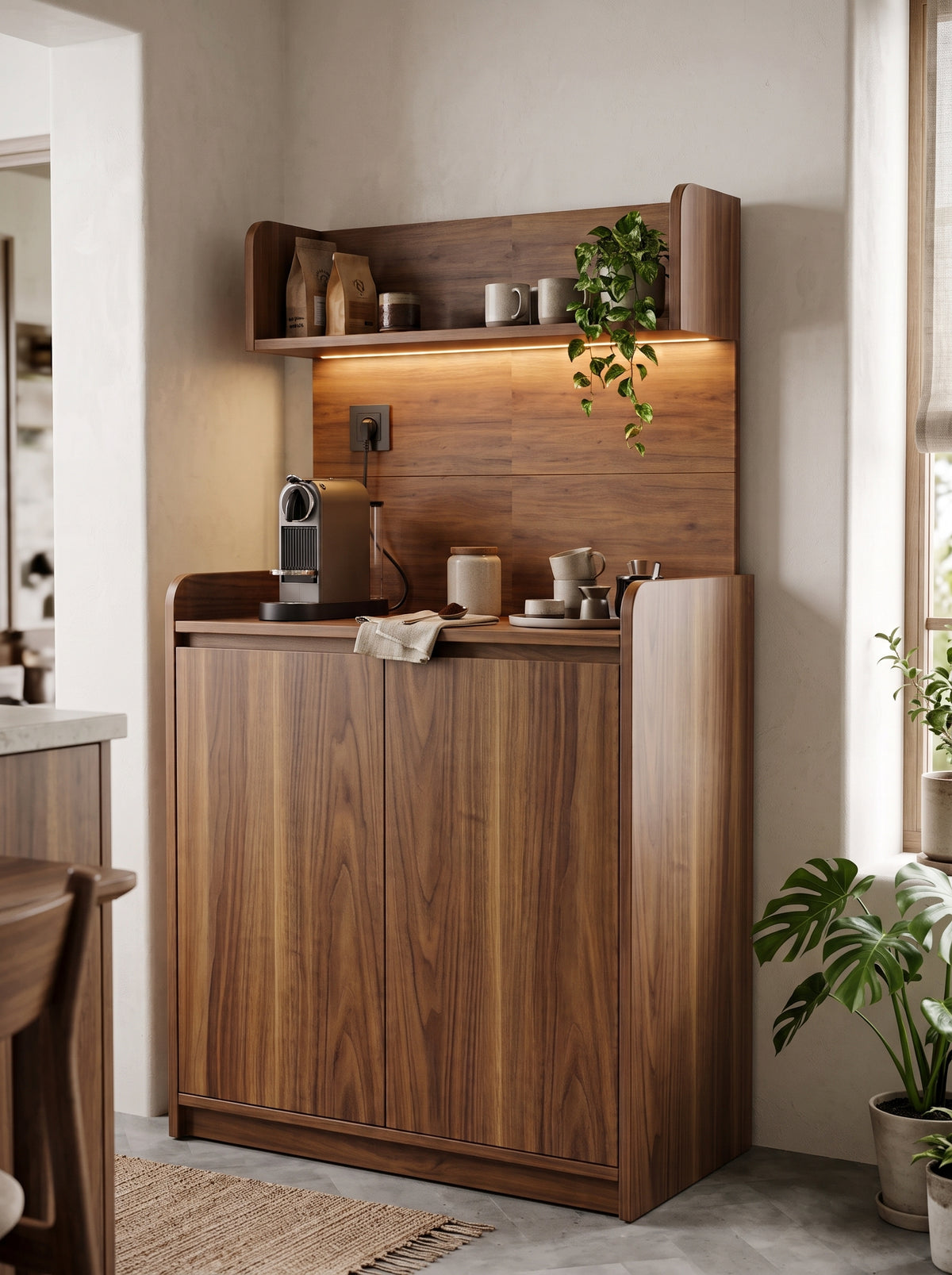 Modern Walnut Coffee Corner Station with Integrated LED Lighting & Power Outlet - CC1