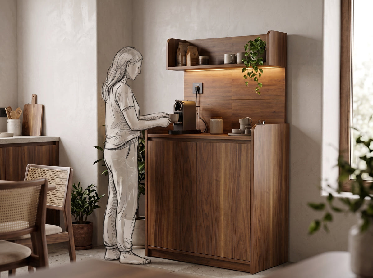 Modern Walnut Coffee Corner Station with Integrated LED Lighting & Power Outlet - CC1
