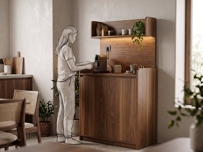 Modern Walnut Coffee Corner Station with Integrated LED Lighting & Power Outlet - CC1